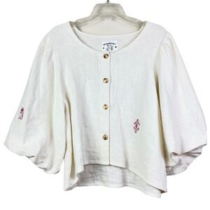 Meadows Womens 10 Cream Linen Cotton Puff Sleeve Embroidered Button Top Blouse